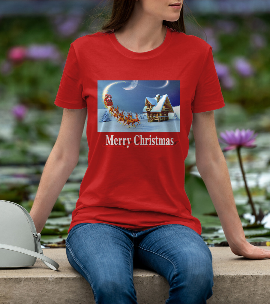 Merry Christmas Santa Sleigh Flying Over Snowy Cabin Scene T-Shirt