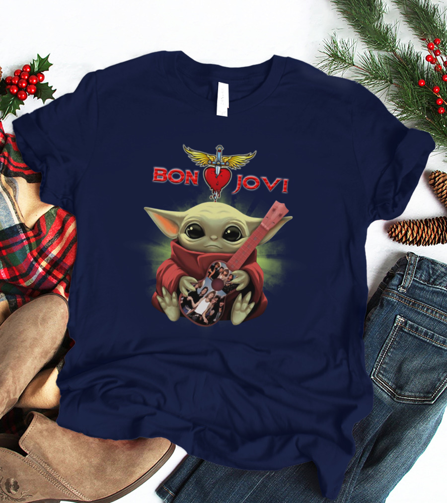 Baby Yoda Holding Guitar With Bon Jovi Heart Dagger T-Shirt