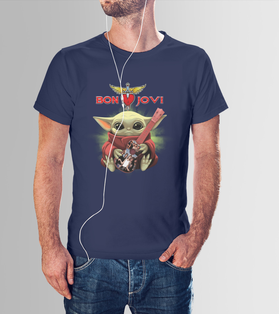 Baby Yoda Holding Guitar With Bon Jovi Heart Dagger T-Shirt