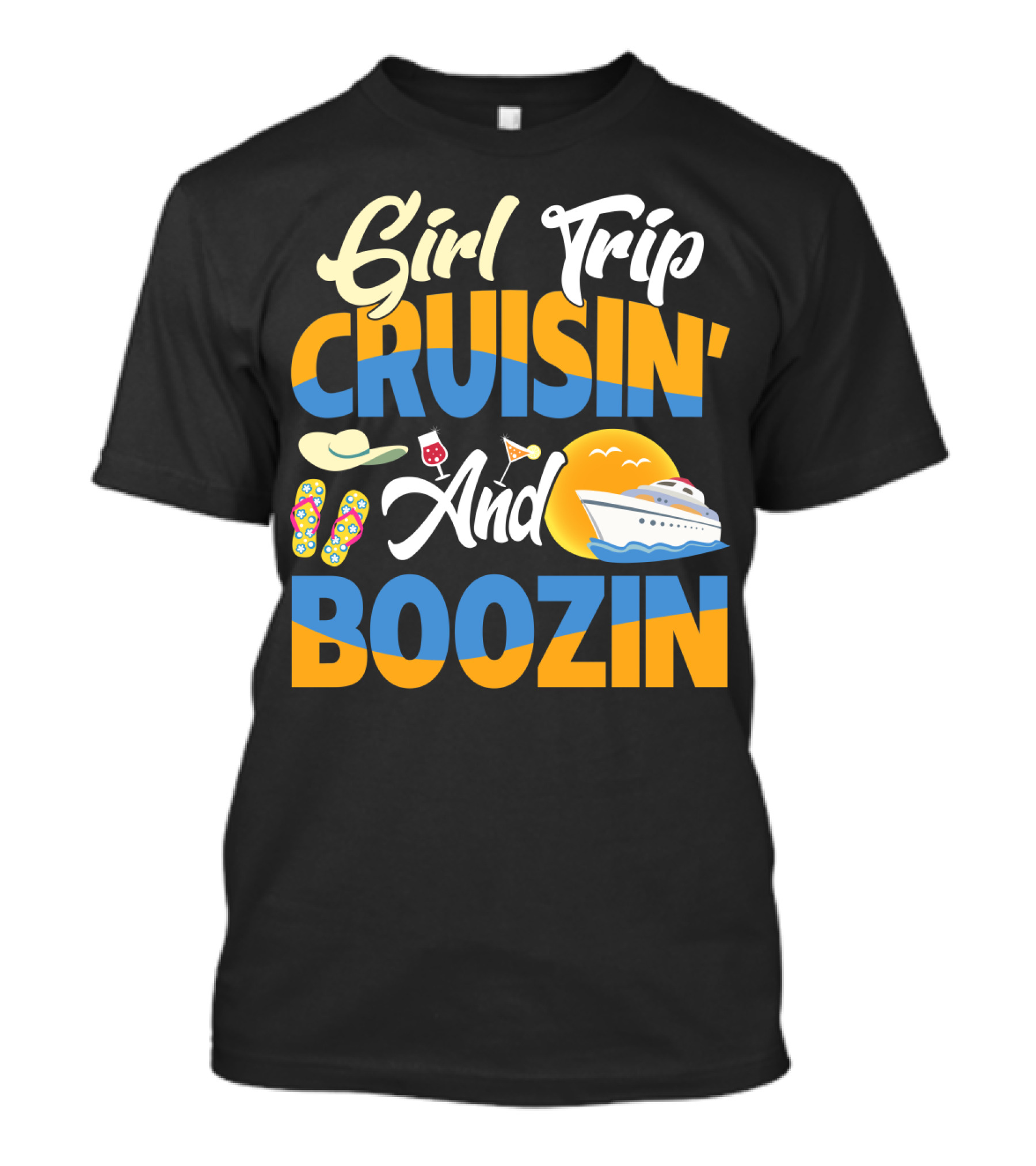Girl Trip Cruisin' And Boozin' With Flip-Flops, Sun Hat, Drinks, And Cruise Ship Sunset T-Shirt