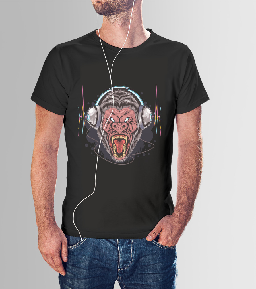 Funny Gorilla Headphones Wild Roar With Sound Waves T-Shirt