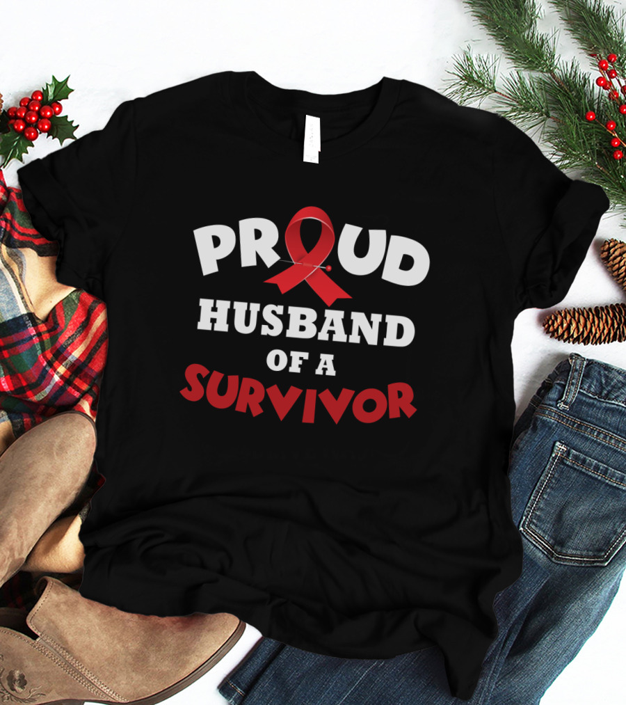 Proud Husband Of A Survivor Red Ribbon Awareness T-Shirt