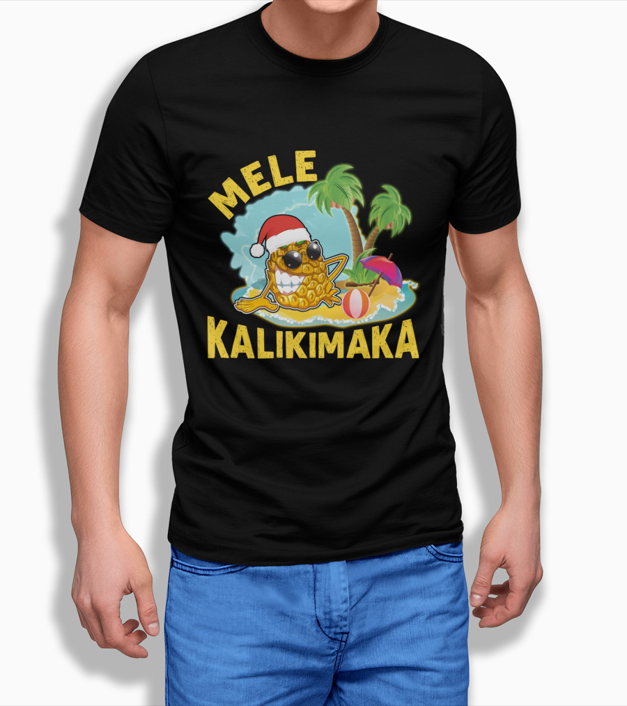 Mele Kalikimaka Hawaiian Pineapple with Santa Hat Tropical Christmas Vibes T-Shirt