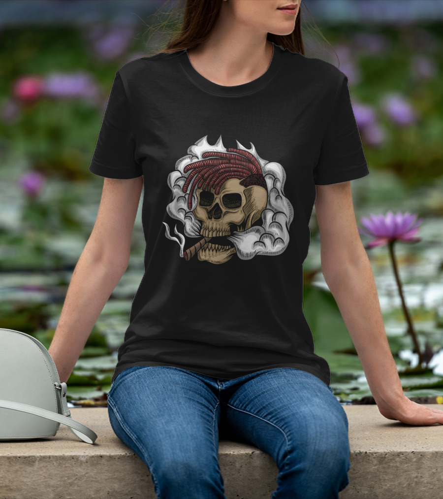 Skull Smoke Cigar With Red Braided Hair And White Smoke Plumes T-Shirt