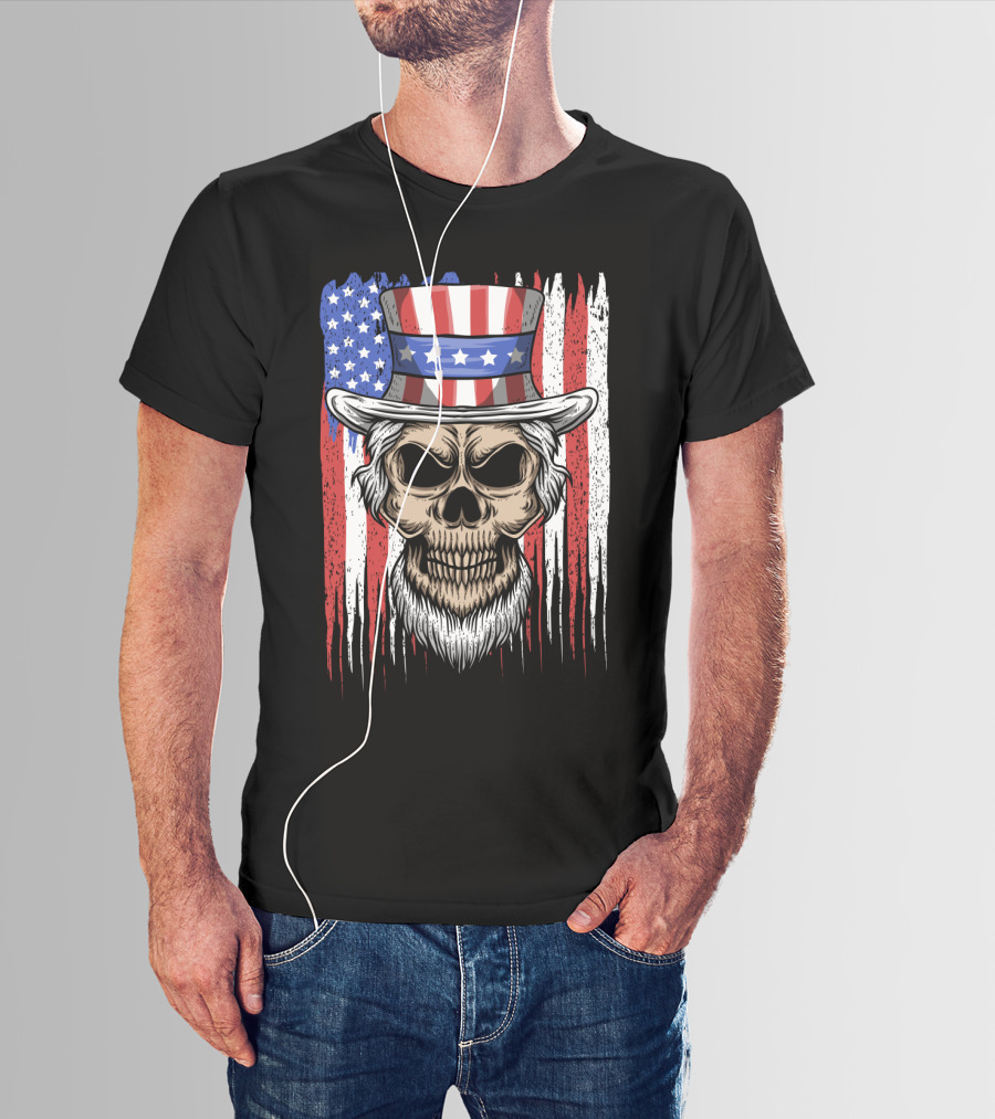 Skull Uncle Sam American Flag Hat T-Shirt