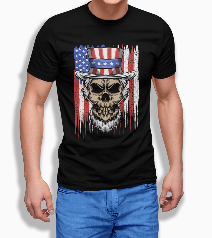 Skull Uncle Sam American Flag Hat T-Shirt