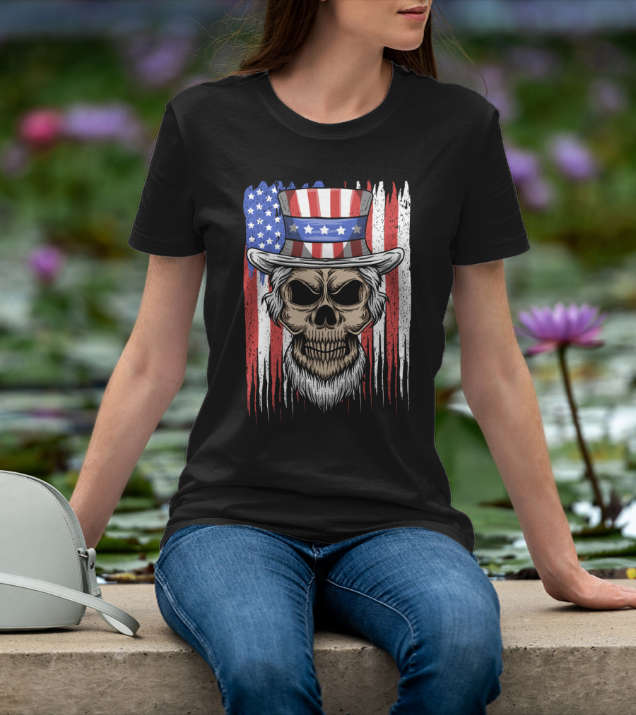 Skull Uncle Sam American Flag Hat T-Shirt