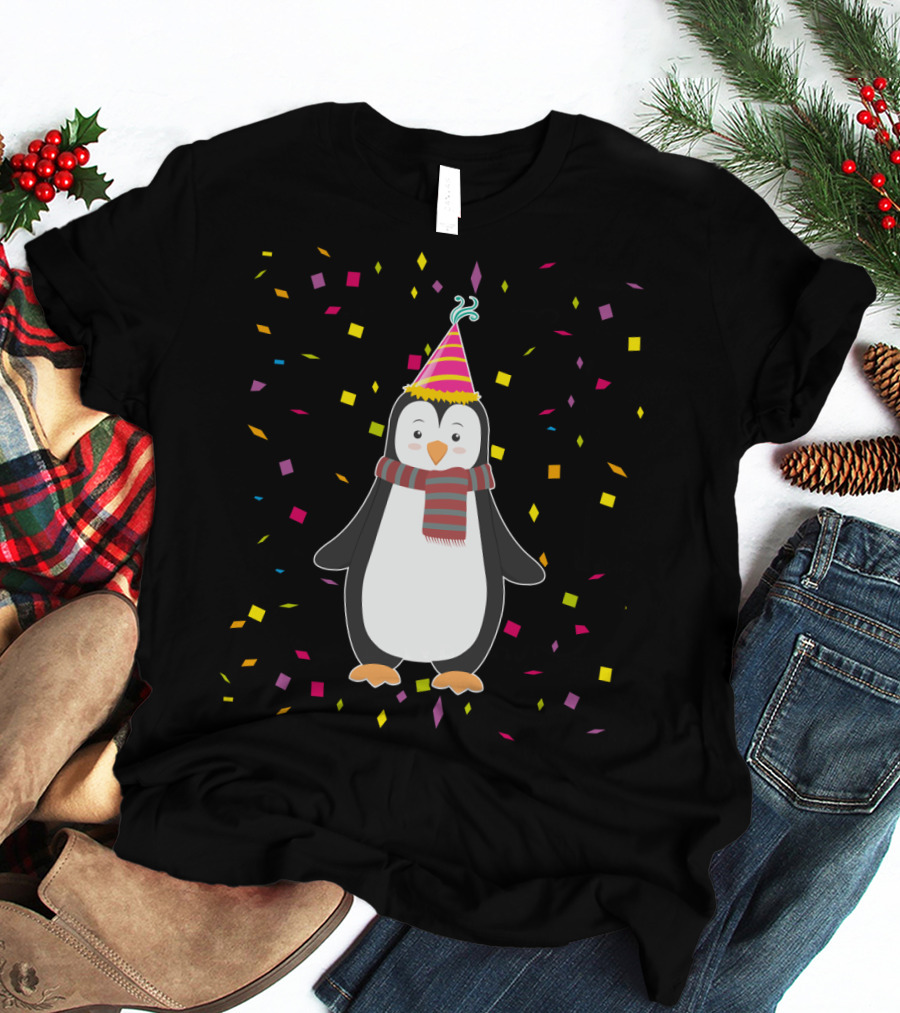 Funny Penguin Birthday Confetti Celebration With Party Hat And Scarf T-Shirt