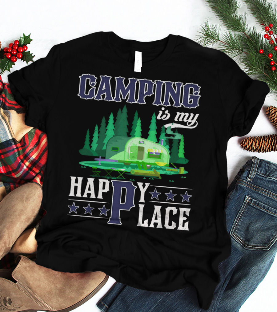 Camping Is My Happy Place Camper Forest Scene With Stars T-Shirt