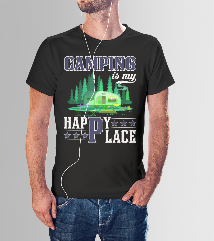 Camping Is My Happy Place Camper Forest Scene With Stars T-Shirt