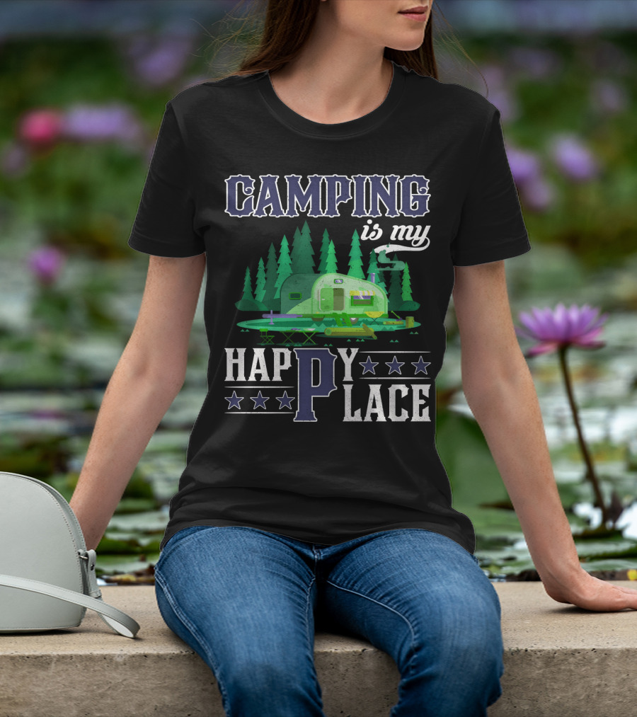 Camping Is My Happy Place Camper Forest Scene With Stars T-Shirt