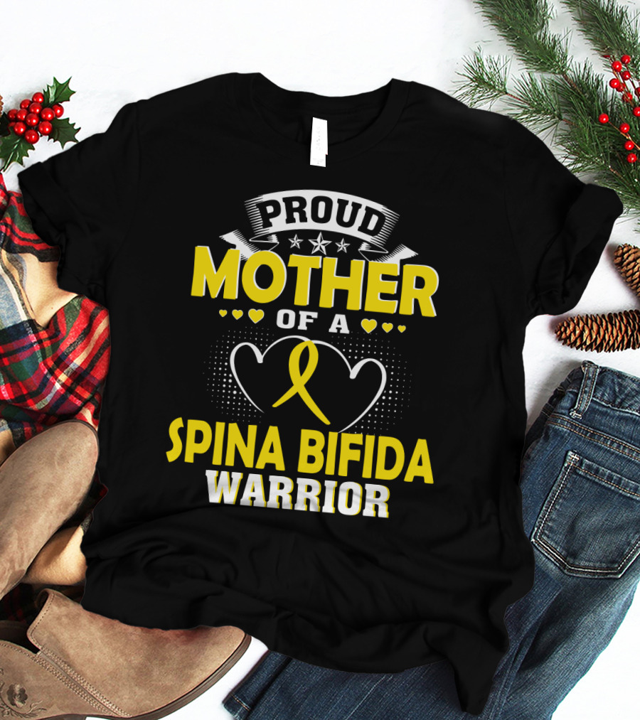 Proud Mother Of A Spina Bifida Warrior Yellow Ribbon Hearts Stars T-Shirt