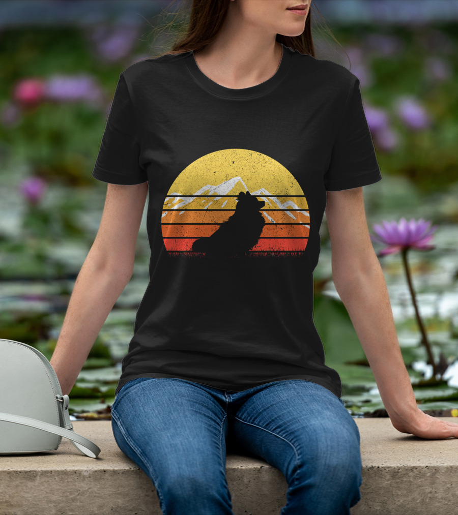 Retro Vintage Pomeranian Dog Sunset Silhouette With Mountain Background T-Shirt