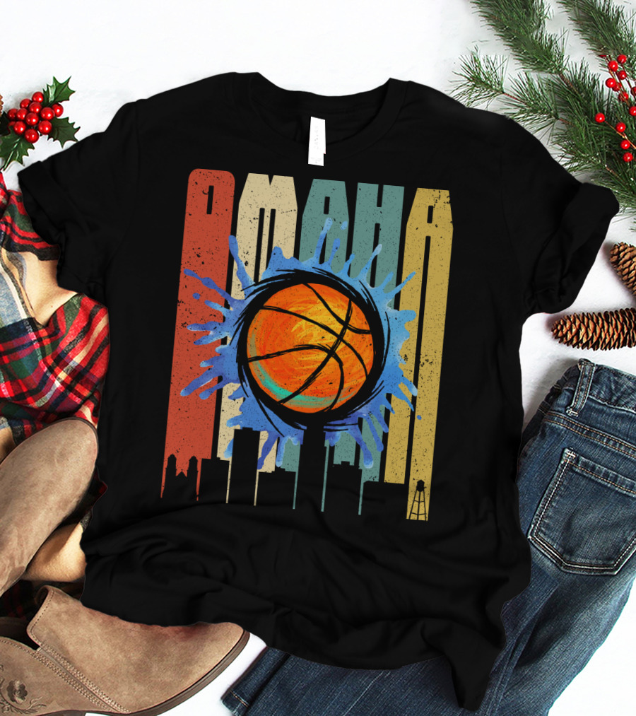 Omaha Basketball Skyline Vintage Splatter T-Shirt
