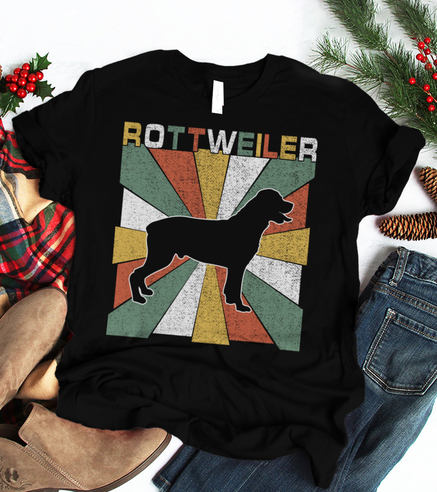 Rottweiler Dogs Retro 70s Vintage Silhouette Multicolor Stripes T-Shirt