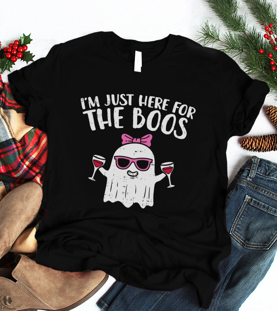 I'm Just Here For The Boos Ghost With Wine Glasses Halloween T-Shirt