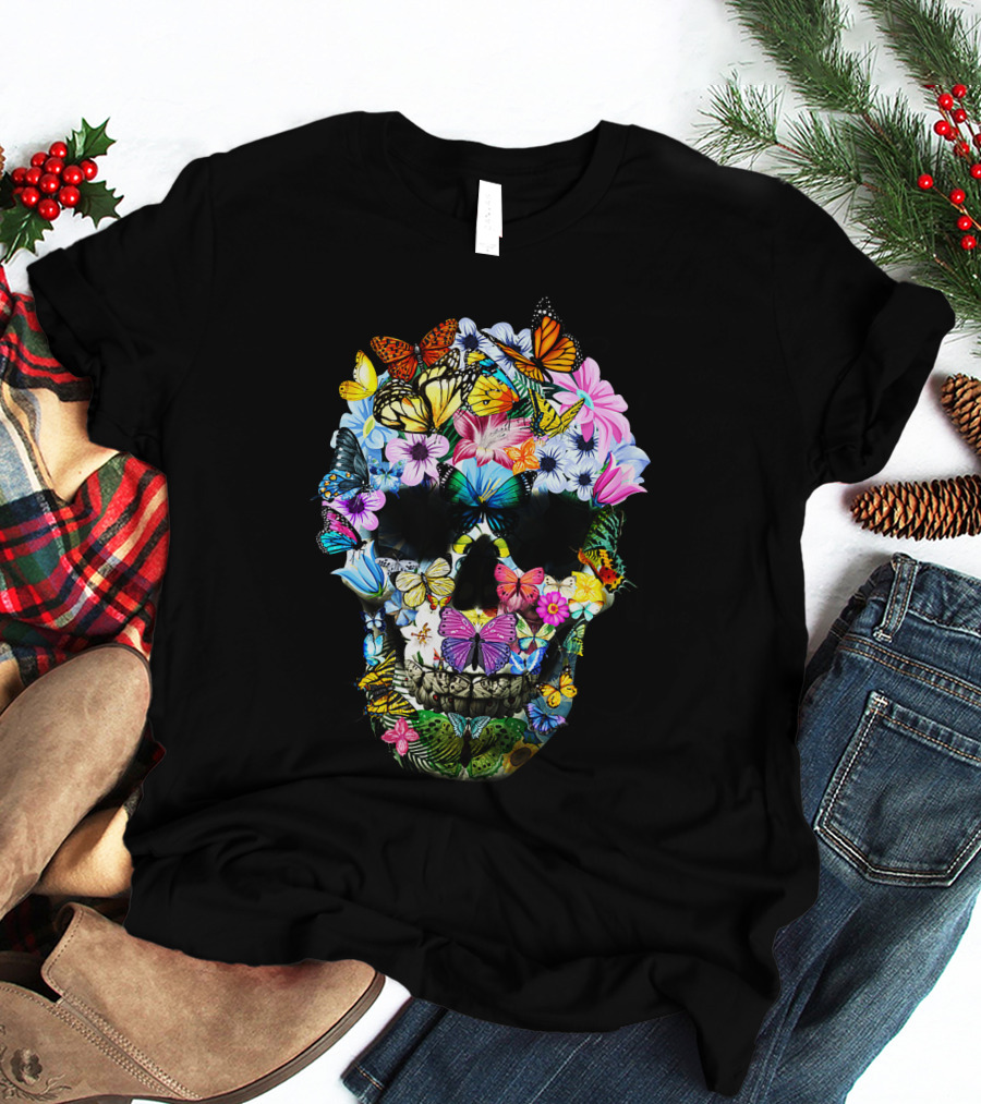 Women Floral Butterfly Skull Colorful T-Shirt