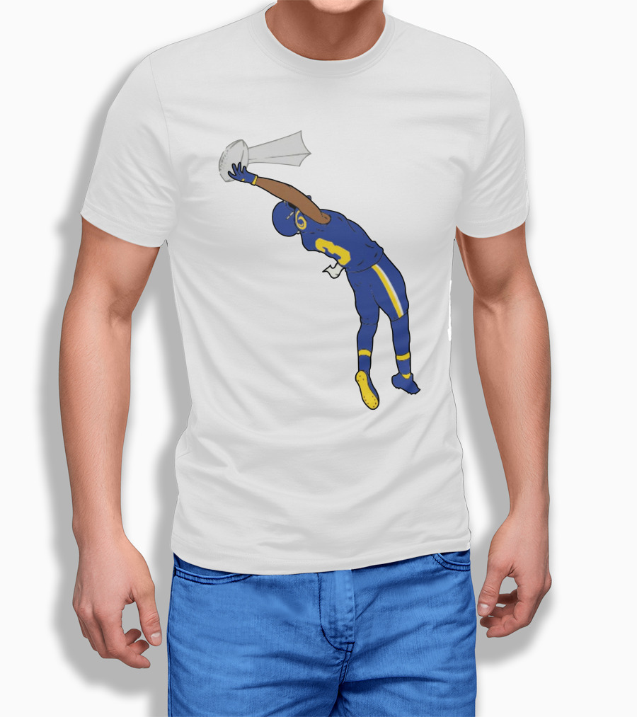 Trophy Catch Obj One-Handed Football Player Blue And Yellow Uniform T-Shirt