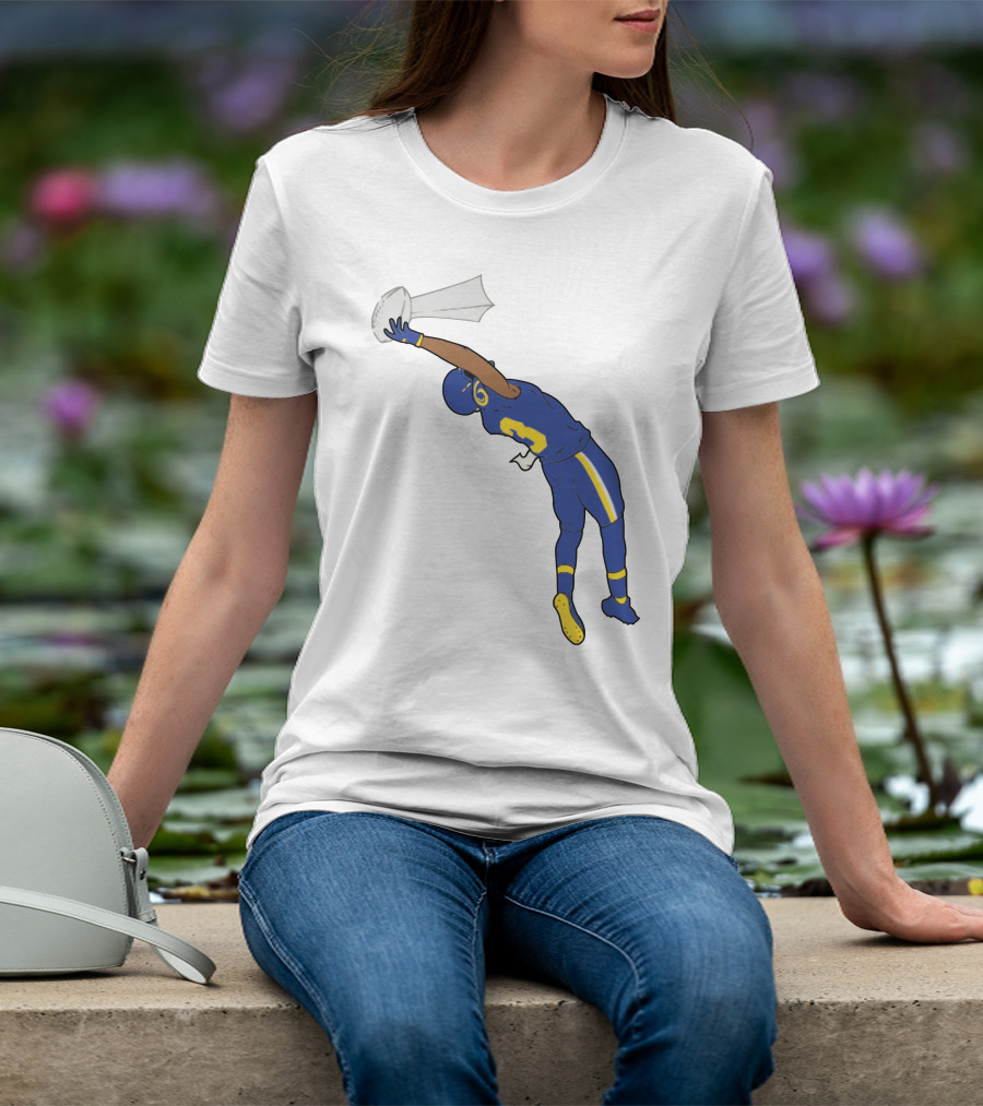 Trophy Catch Obj One-Handed Football Player Blue And Yellow Uniform T-Shirt
