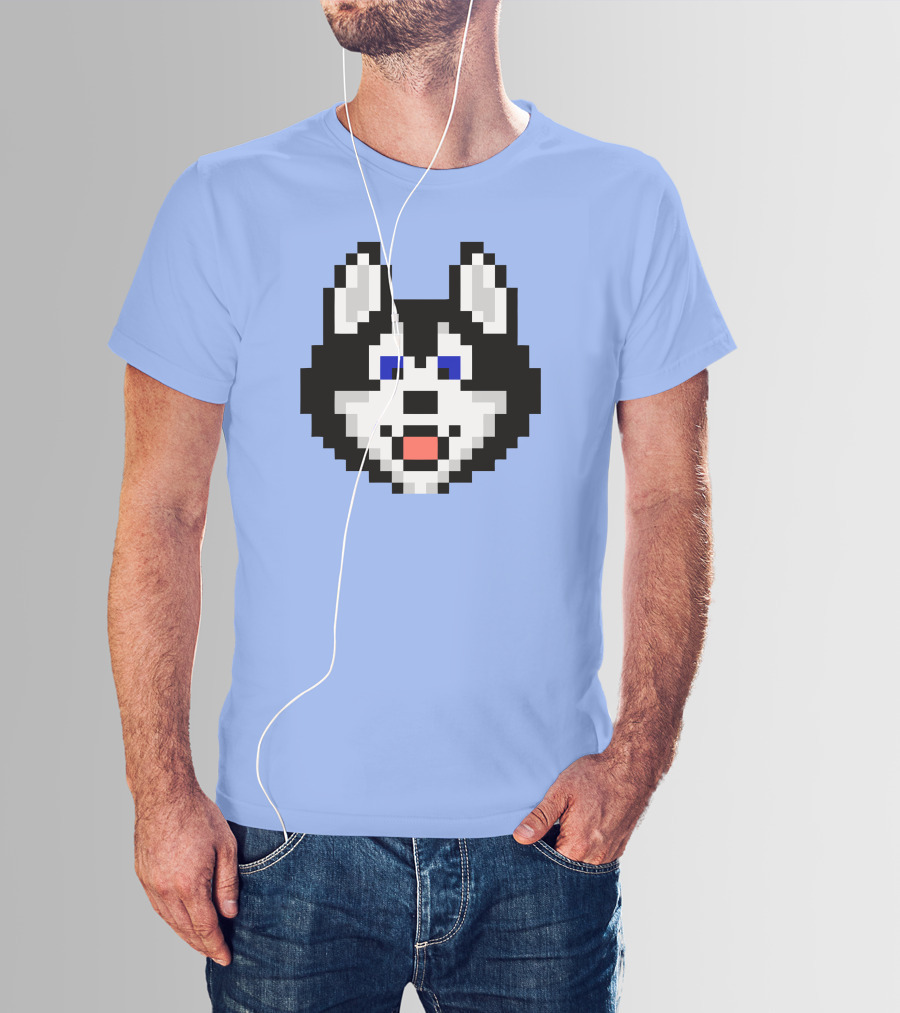 Huskytoken Cat Pixelated Husky Face On Light Blue T-Shirt