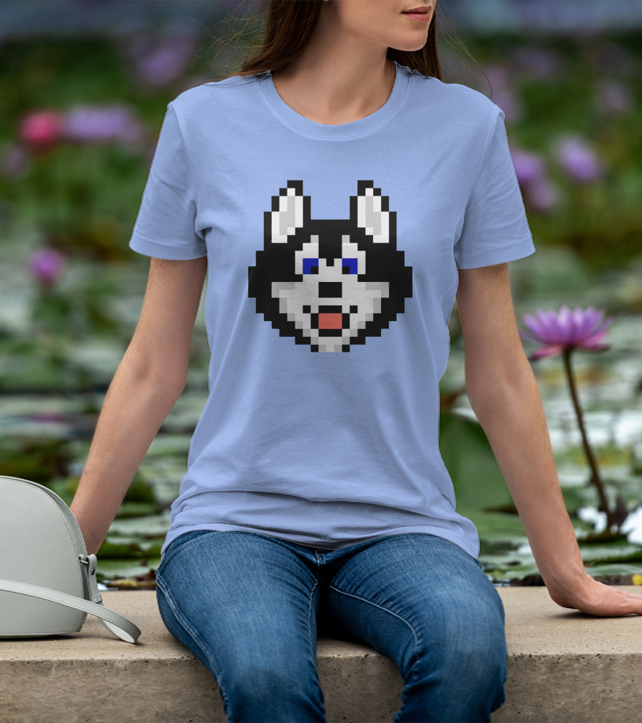 Huskytoken Cat Pixelated Husky Face On Light Blue T-Shirt