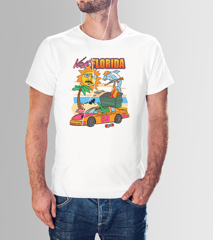 Shithead Steve Merch Visit Florida Flaming Dumpster Racing Car 69 Armed Dolphin Palm Tree Sun Face T-Shirt