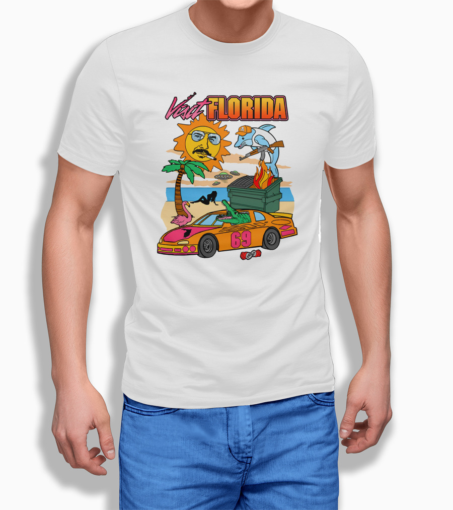Shithead Steve Merch Visit Florida Flaming Dumpster Racing Car 69 Armed Dolphin Palm Tree Sun Face T-Shirt