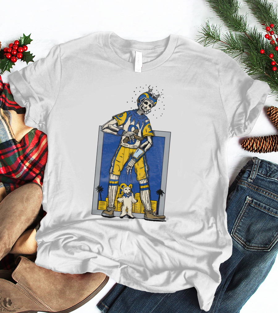 LA Skeleton Football Player Blue Gold Dog Helmet Cityscape T-Shirt