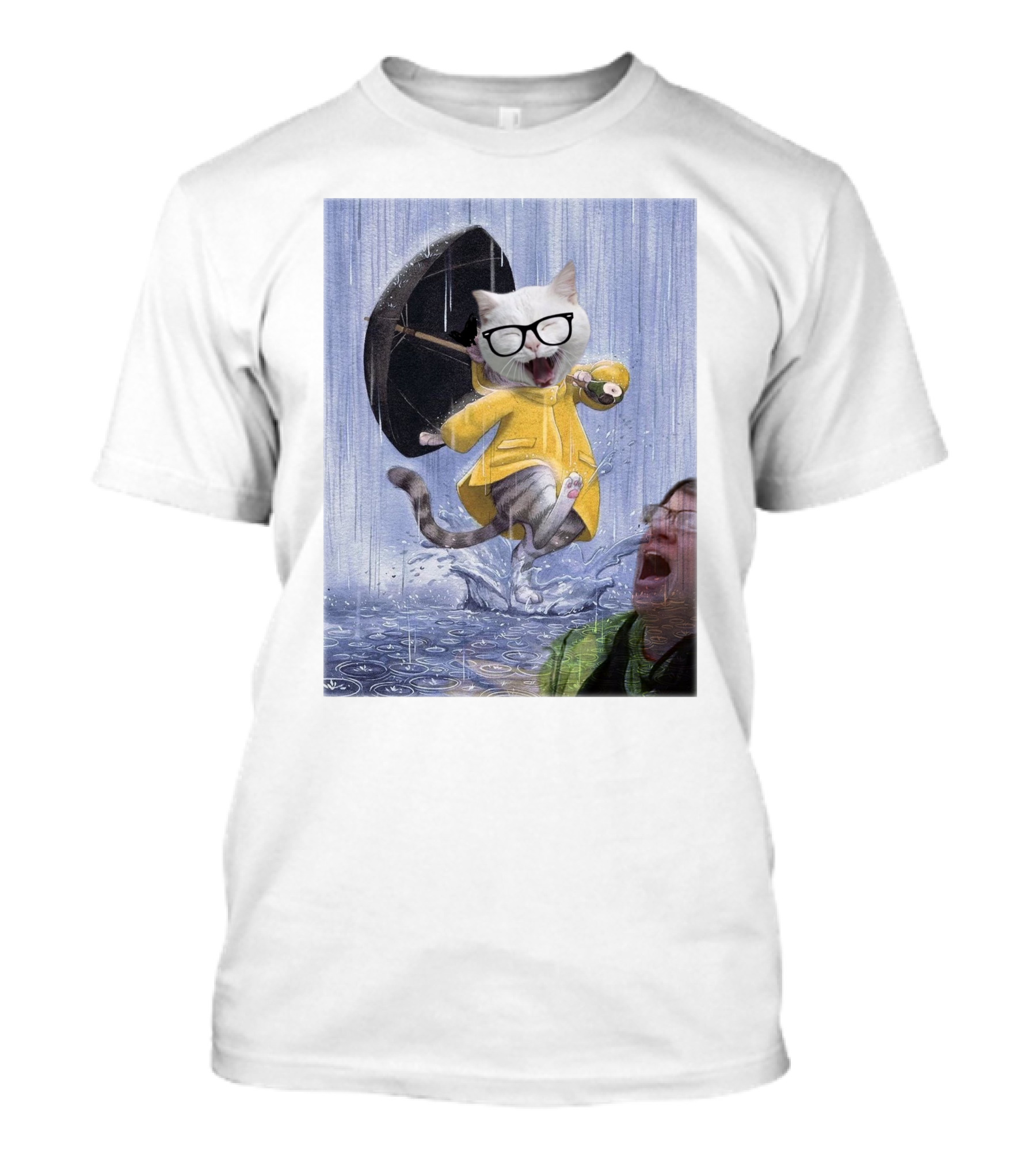 Catturd In Yellow Raincoat With Glasses Holding Umbrella In The Rain T-Shirt