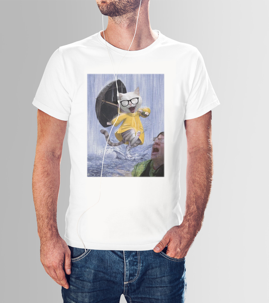 Catturd In Yellow Raincoat With Glasses Holding Umbrella In The Rain T-Shirt