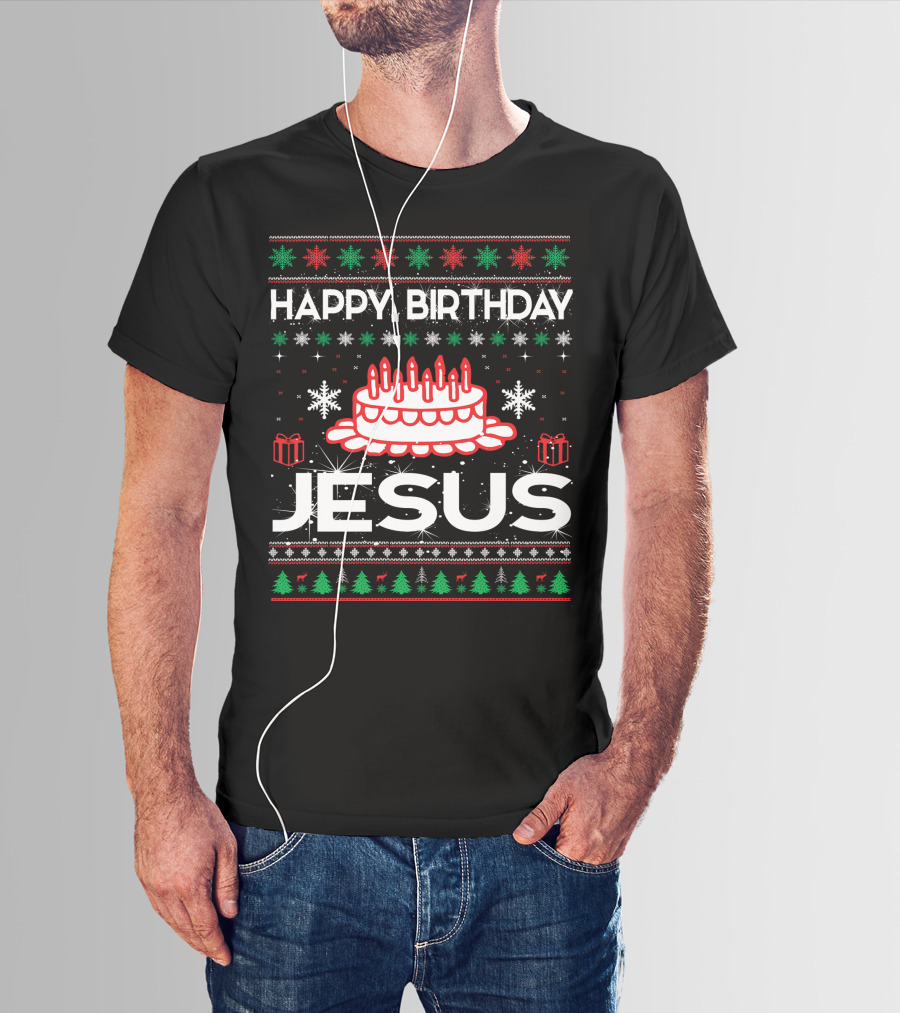 Happy Birthday Jesus Ugly Christmas Sweater Design With Cake And Snowflakes T-Shirt