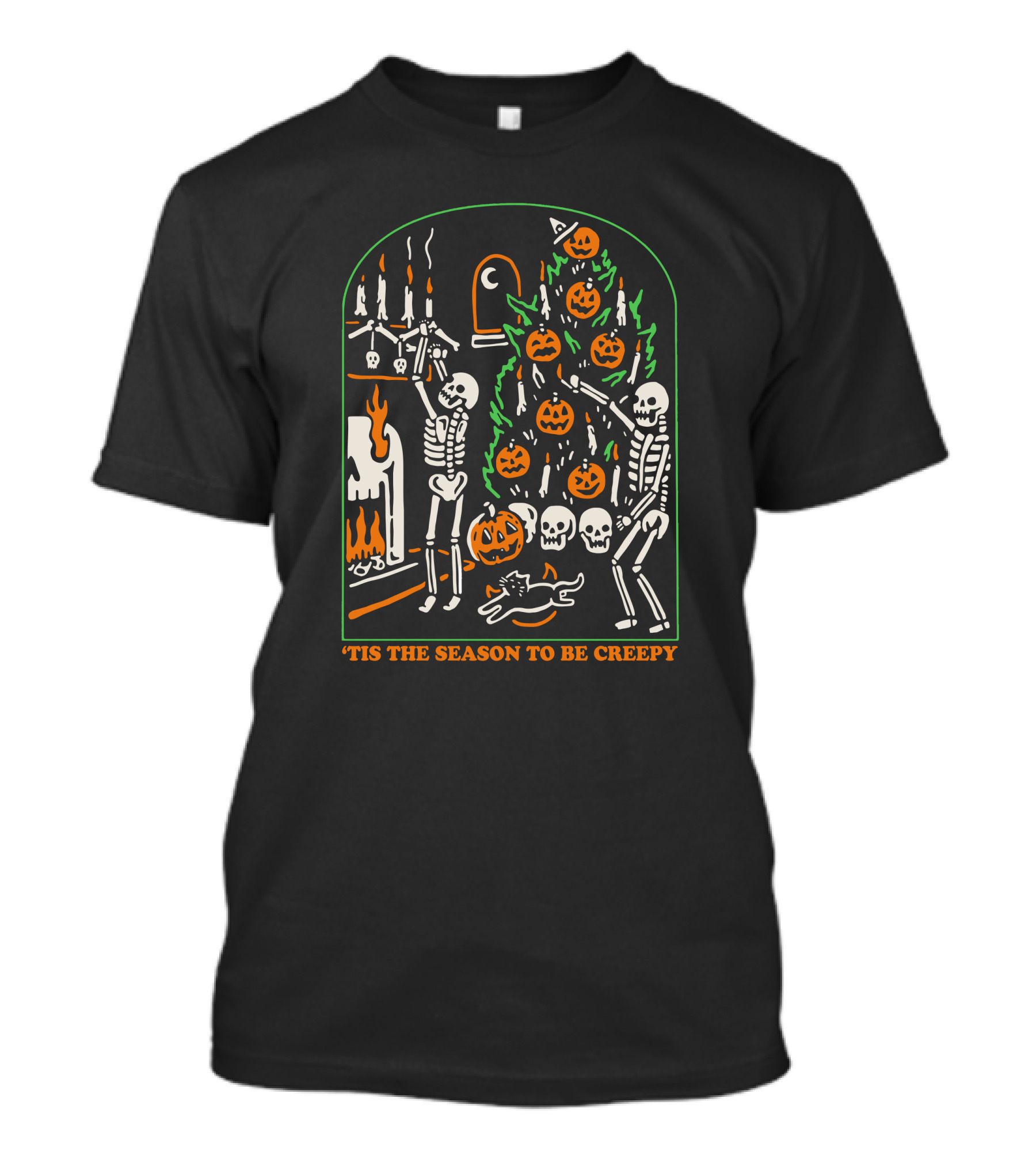 'Tis The Season To Be Creepy Skeletons By The Halloween Fireplace With Skull And Pumpkin Tree T-Shirt