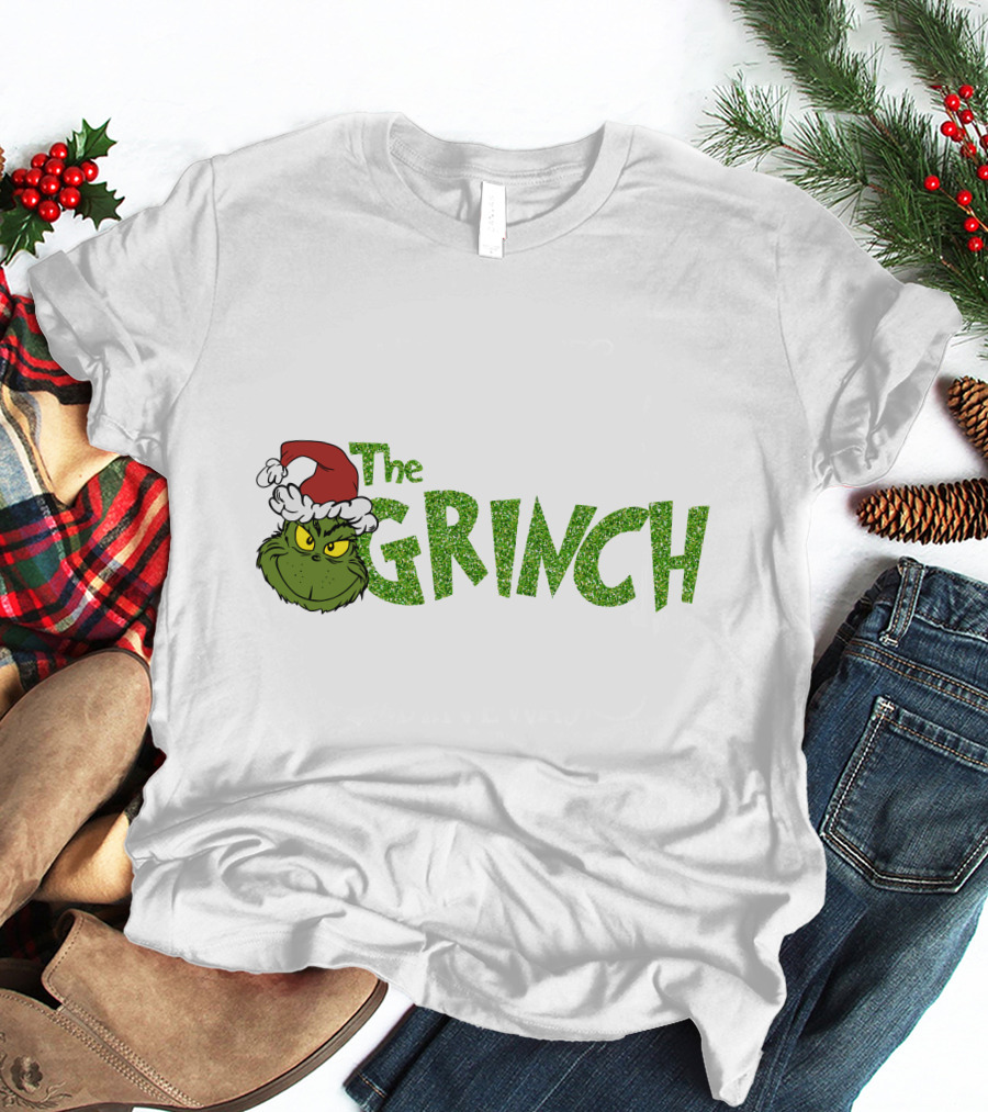 The Grinch Santa Hat Christmas Green Glittery Text T-Shirt