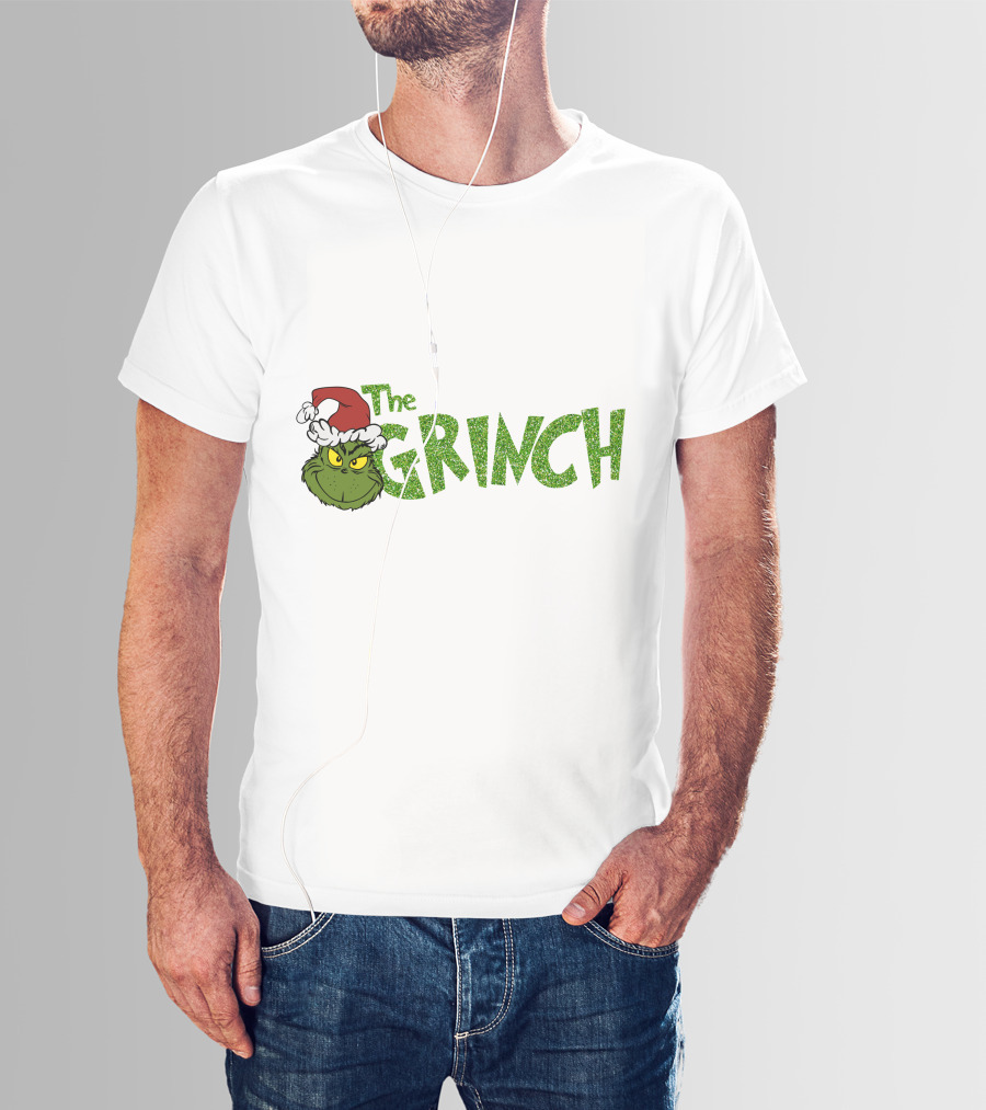 The Grinch Santa Hat Christmas Green Glittery Text T-Shirt