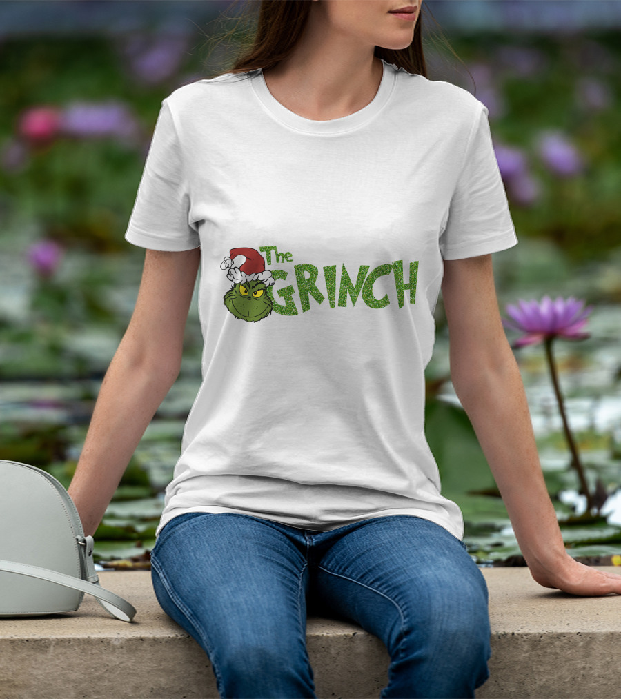 The Grinch Santa Hat Christmas Green Glittery Text T-Shirt