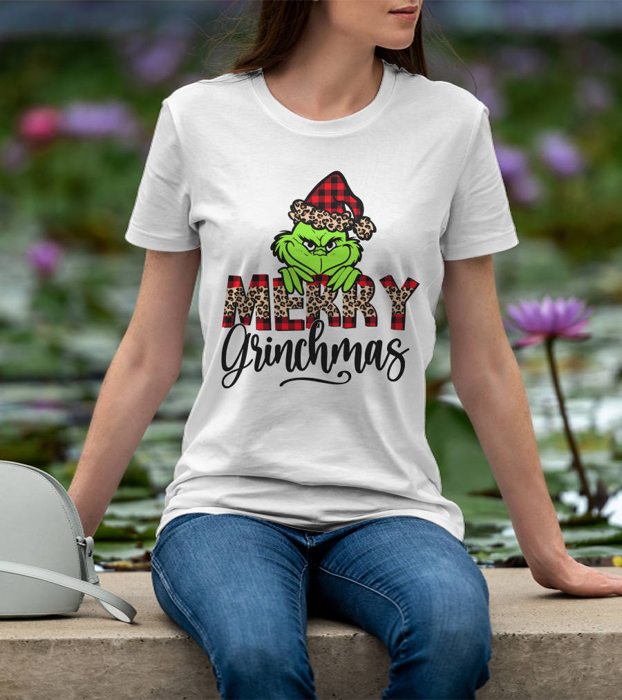 Merry Grinchmas Red Plaid And Leopard Print Christmas Grinch T-Shirt