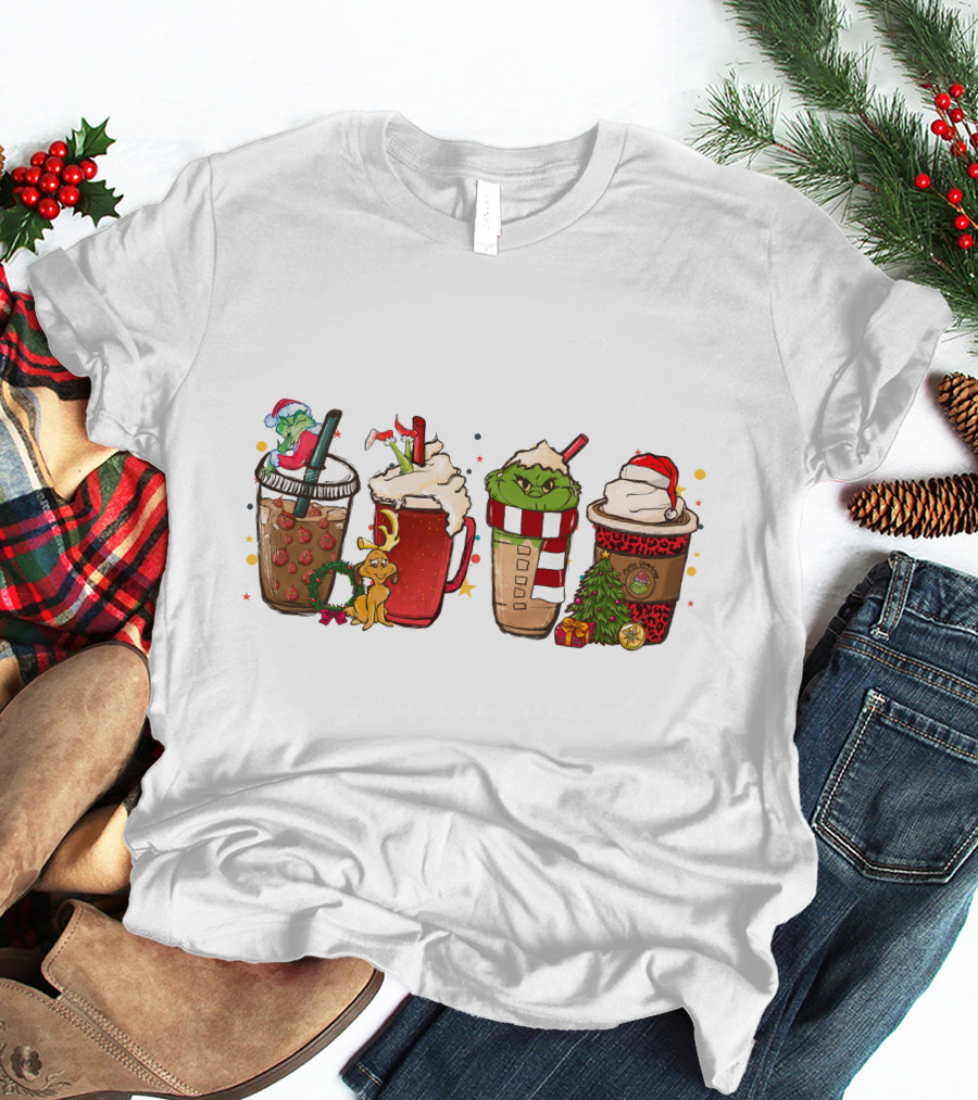 Grinch Christmas Coffee Drinks With Santa Hats And Holiday Decorations T-Shirt