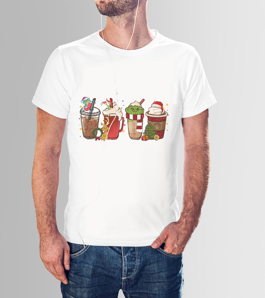 Grinch Christmas Coffee Drinks With Santa Hats And Holiday Decorations T-Shirt