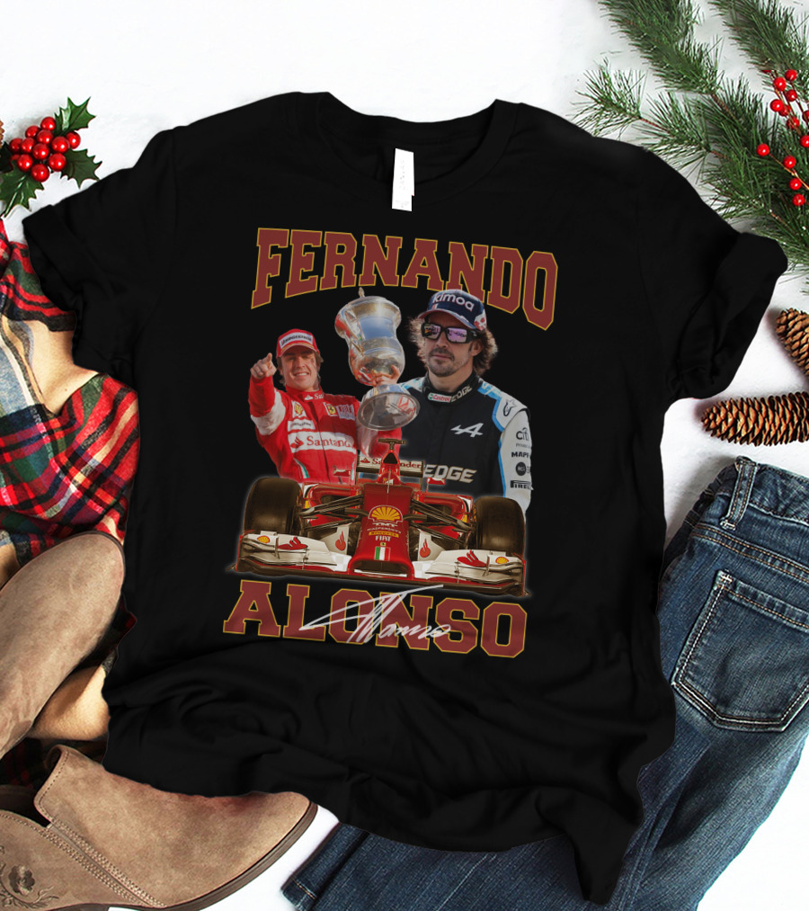 FERNANDO ALONSO F1 RACING LEGEND WITH TROPHY AND CARS T-Shirt