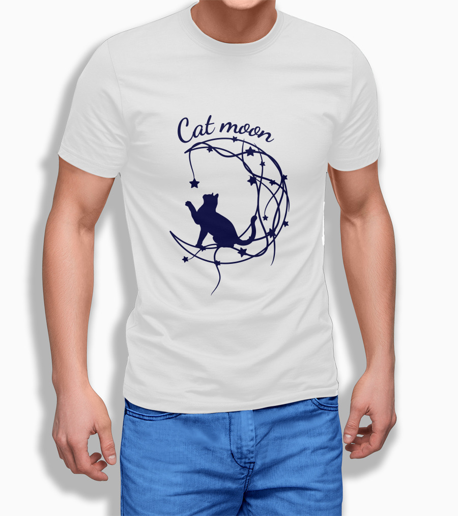 Cat Moon Silhouette with Stars and Vines T-Shirt