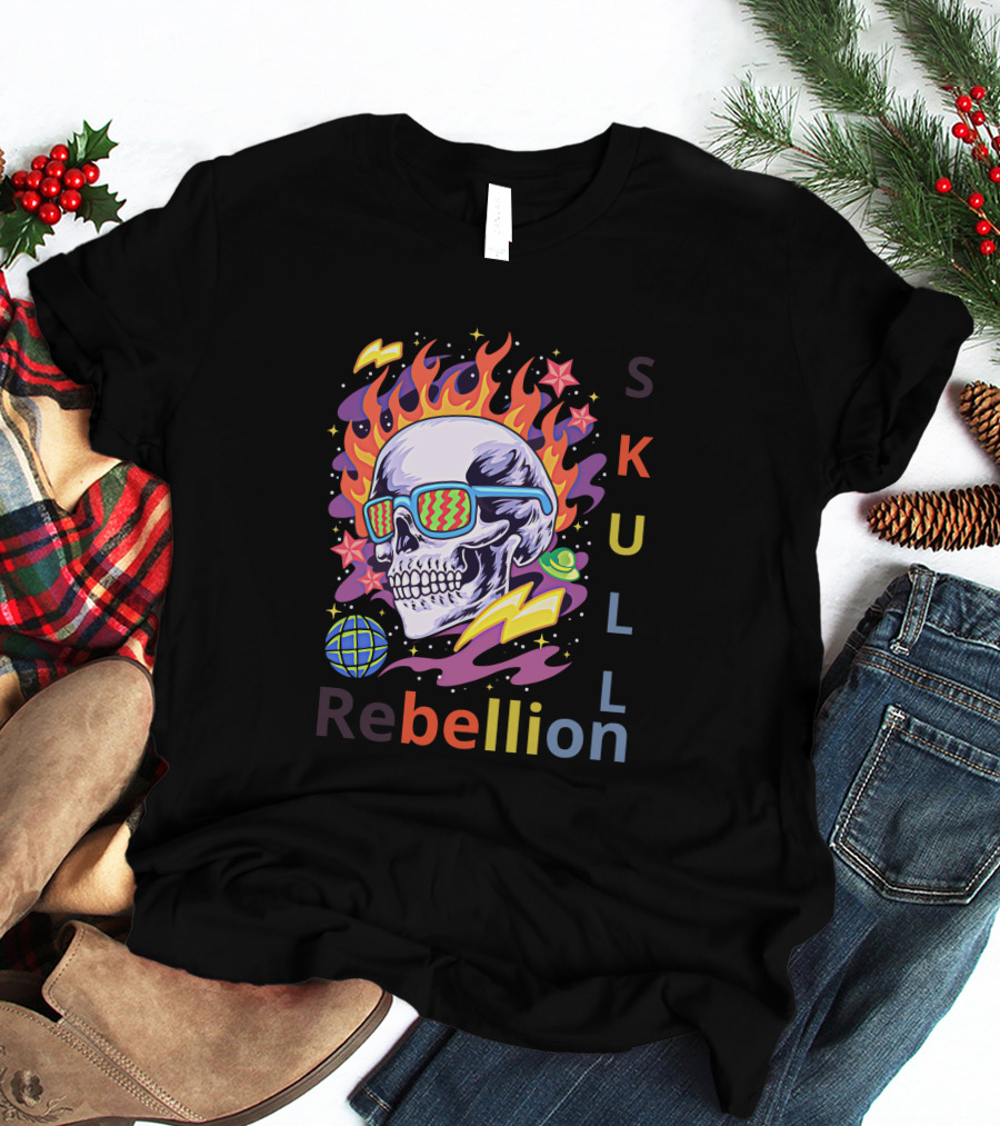 Rebellion Skull With Fiery Sunglasses And Cosmic Elements T-Shirt