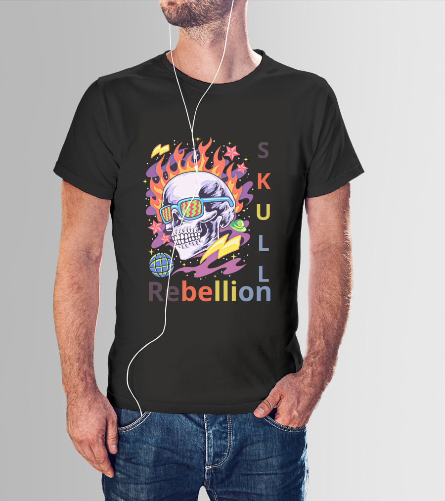 Rebellion Skull With Fiery Sunglasses And Cosmic Elements T-Shirt