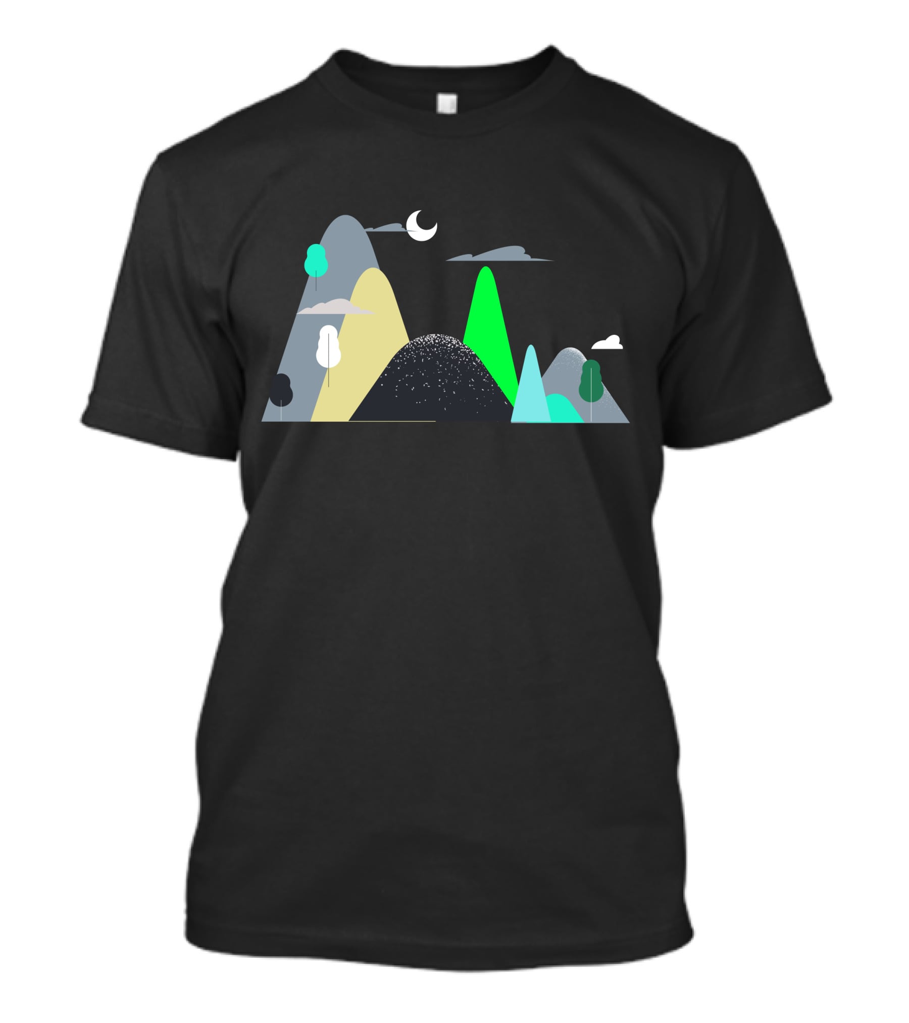 Mountains Moon Night Scene With Trees And Clouds T-Shirt