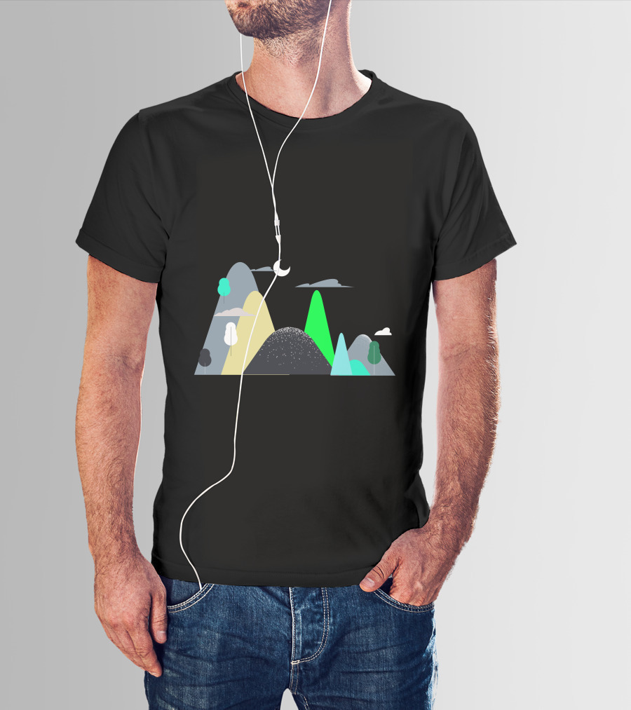 Mountains Moon Night Scene With Trees And Clouds T-Shirt