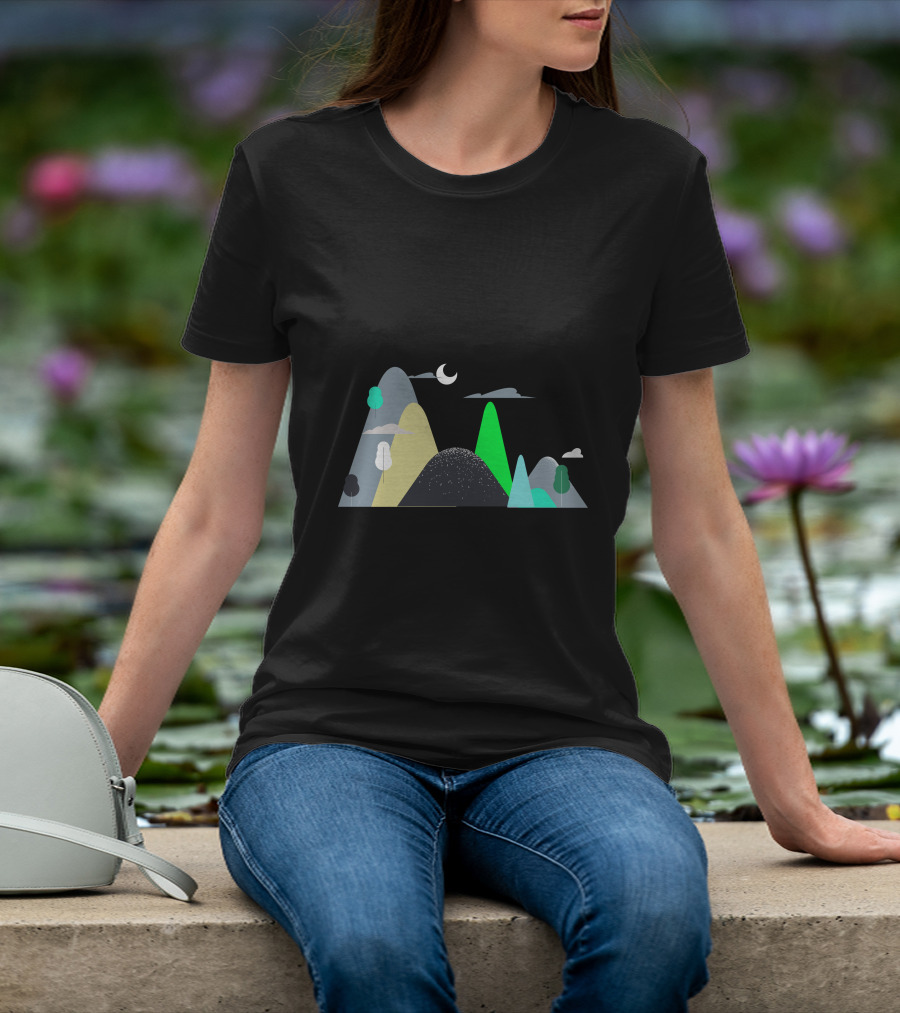 Mountains Moon Night Scene With Trees And Clouds T-Shirt