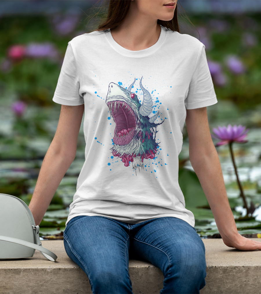 Monster Shark Scream With Horns And Splatter T-Shirt