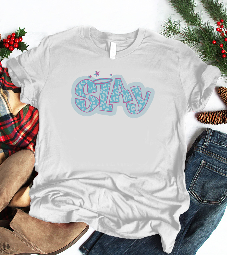 Slay Blue Leopard Print Stars Halo T-Shirt
