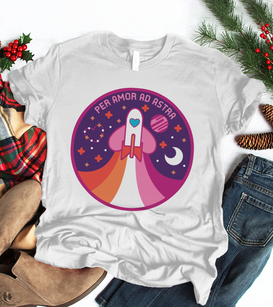 Per Amor Ad Astra Space Pride Lesbian Flag Rocket Heart Planet Moon T-Shirt