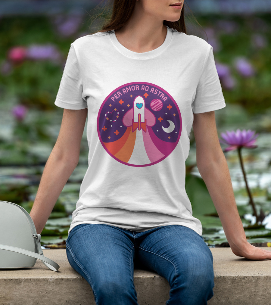 Per Amor Ad Astra Space Pride Lesbian Flag Rocket Heart Planet Moon T-Shirt