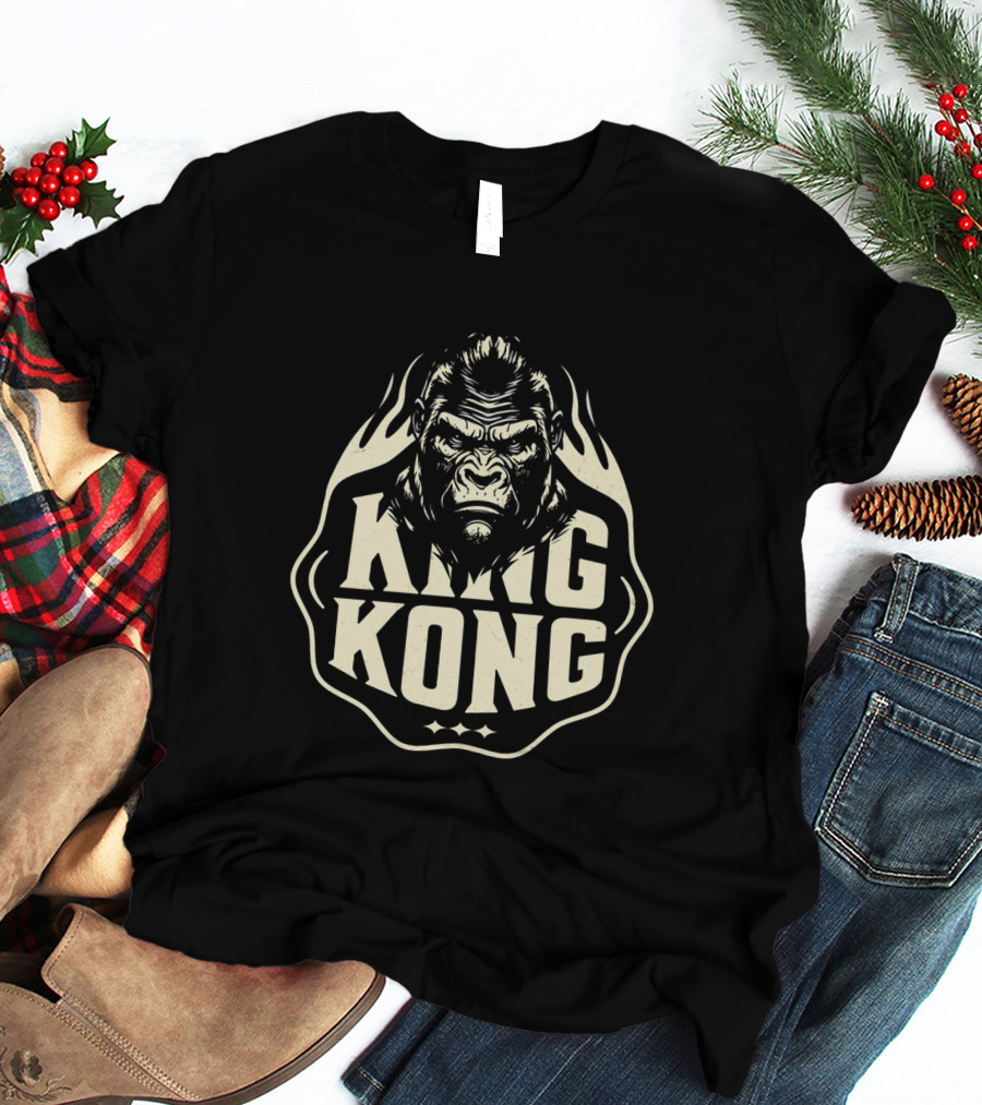King Kong Fierce Gorilla Face Vintage Style Flame Outline T-Shirt